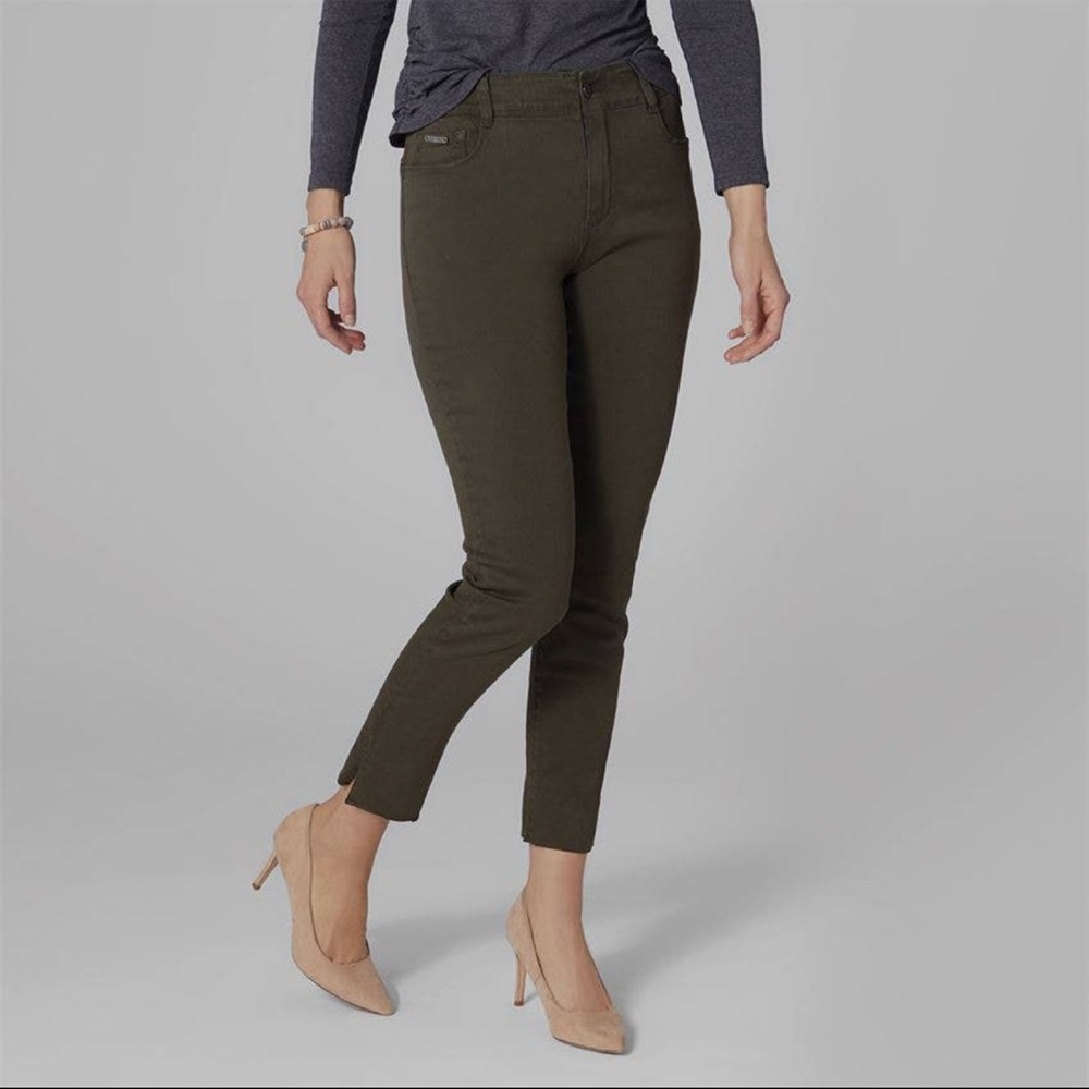 OMG Zoey Zip Skinny Ankle Side Slit Jeans | Olive Green | Size Medium